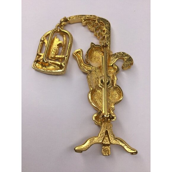 Vintage JJ Jonette Gold Tone Cat & Caged Bird Brooch funny - Picture 4 of 6